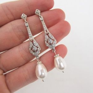 NEW Art Deco Long Pearl Drop Wedding Earrings - 1930s Style - Great Gatsby Party